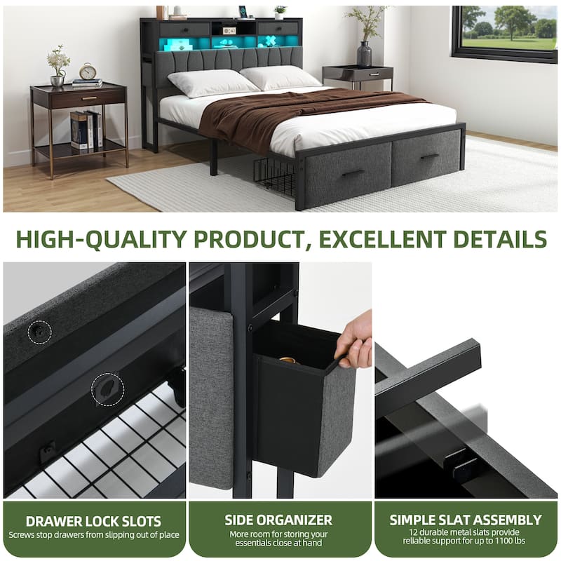 Linen Upholstered Platform Bed with Hidden Headboard Storage Charging Station and 2 Drawers