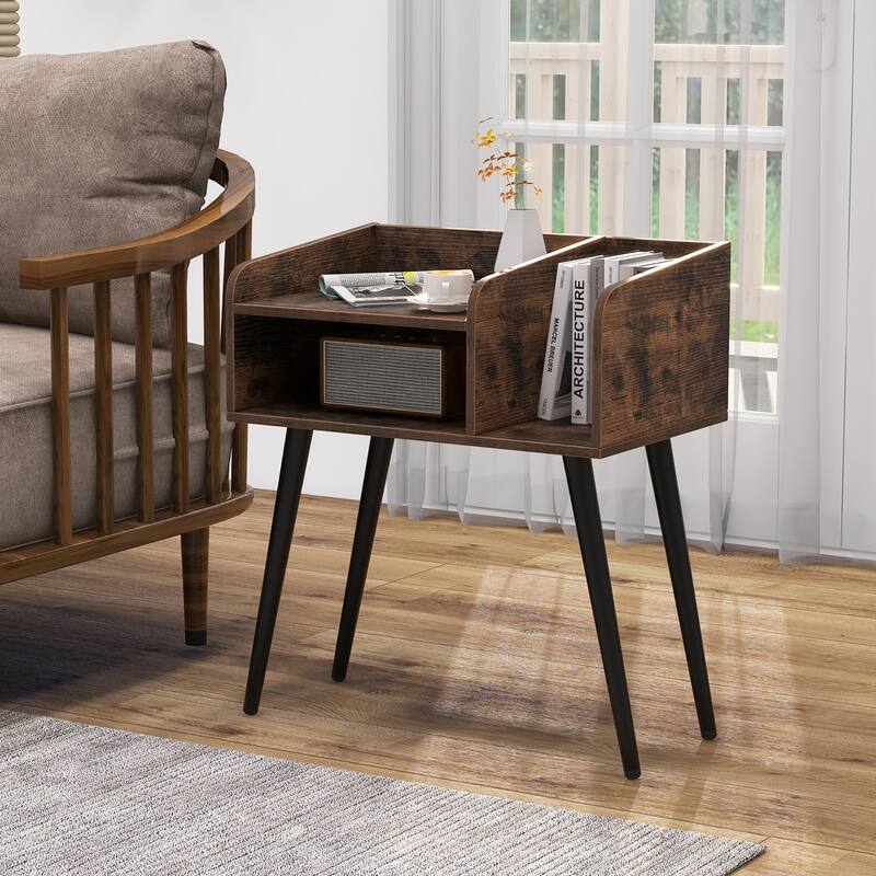 Gymax Set of 2 Mid Century Modern End Table w/ Open Shelves Metal