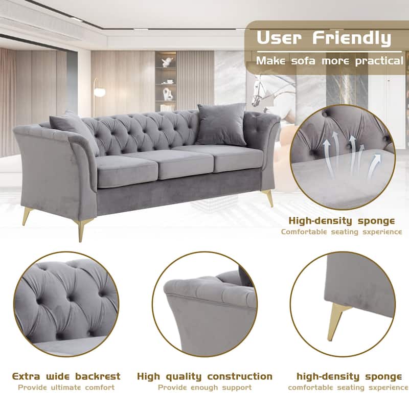 Mid-century Velvet Fabric Tufted Chesterfield 3-Seater Sofa