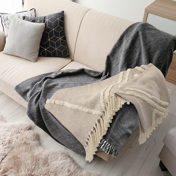 Beige throw blanket shop with fringe