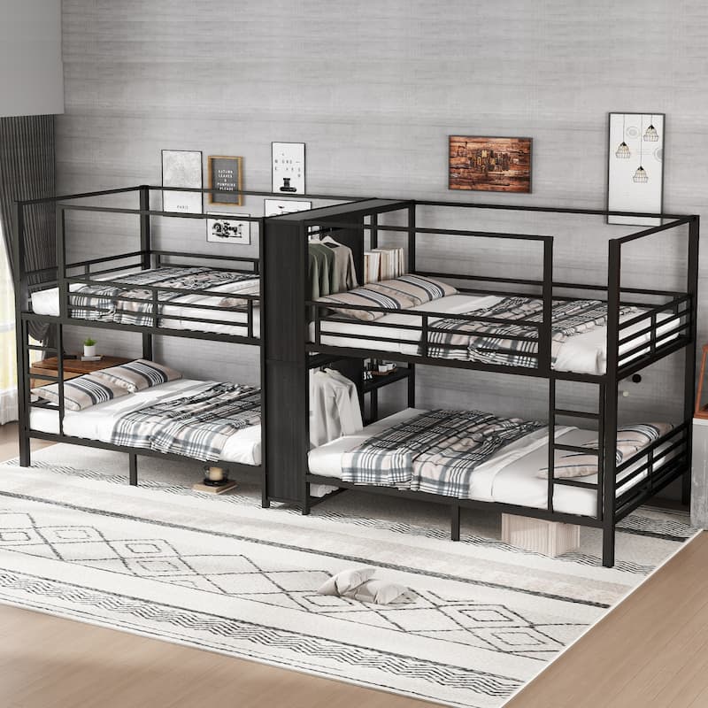 Quadruple Metal Bunk Bed with Built-in Storage Shelves & Wardrobe - Queen/Full/Twin, Sturdy Metal Frame with Noise-reduced