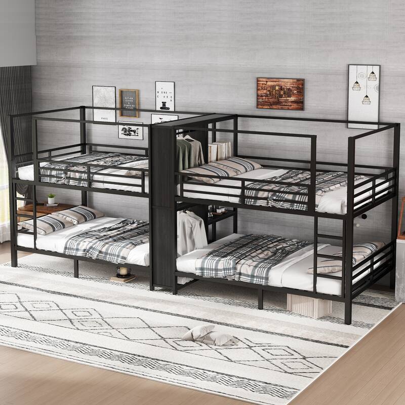 Quadruple Metal Bunk Bed with Built-in Storage Shelves and Wardrobe