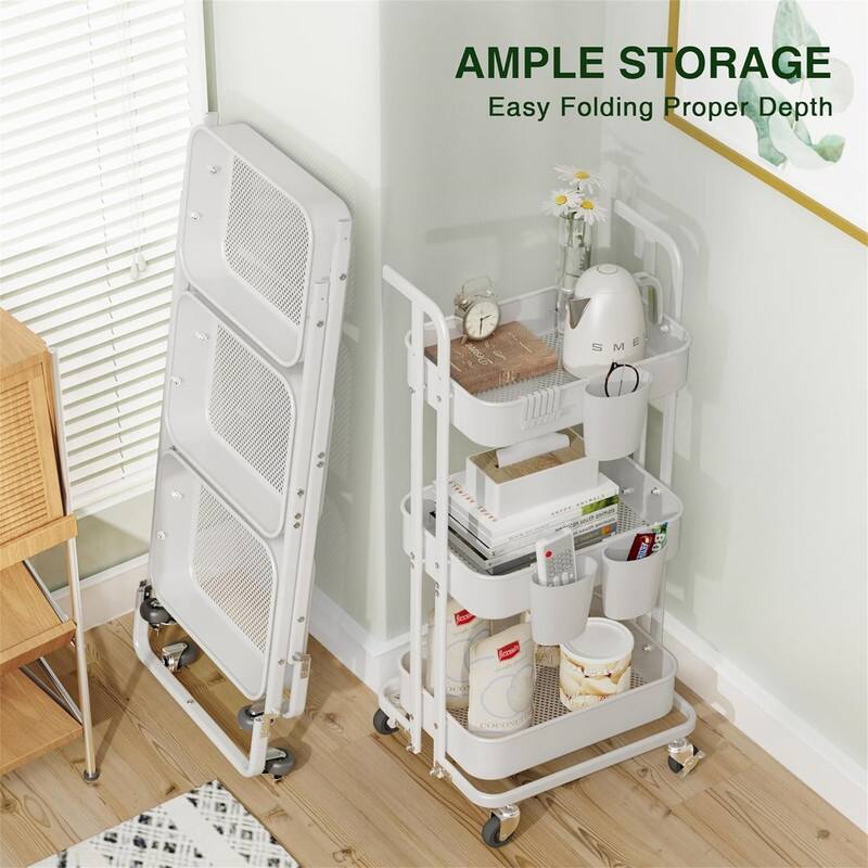3 Tier Foldable Rolling Cart - 15"D x 17.2"W x 36.6"H