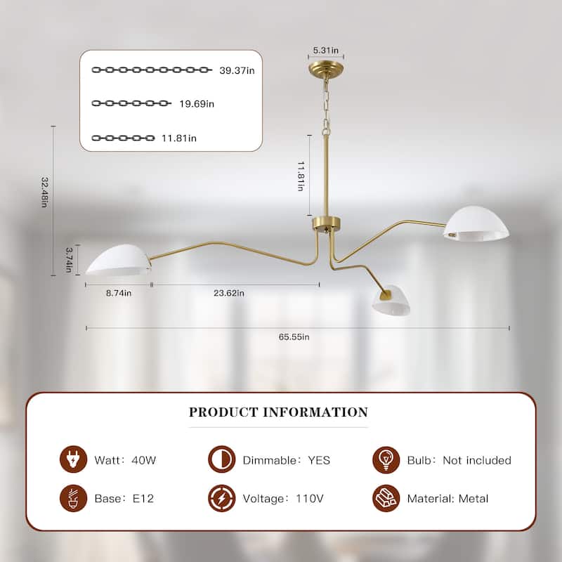 3-Arm Mid-Century Brass Chandelier Adjustable Farmhouse Pendant Light with Milky Glass Shades for Dining Rooms