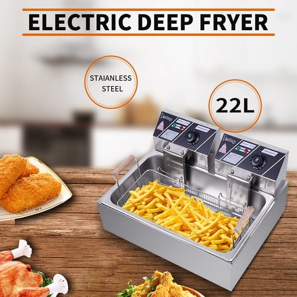 slide 2 of 10, 23.26Qt/22L Stainless Steel Large Single-Cylinder Electric Fryer Black
