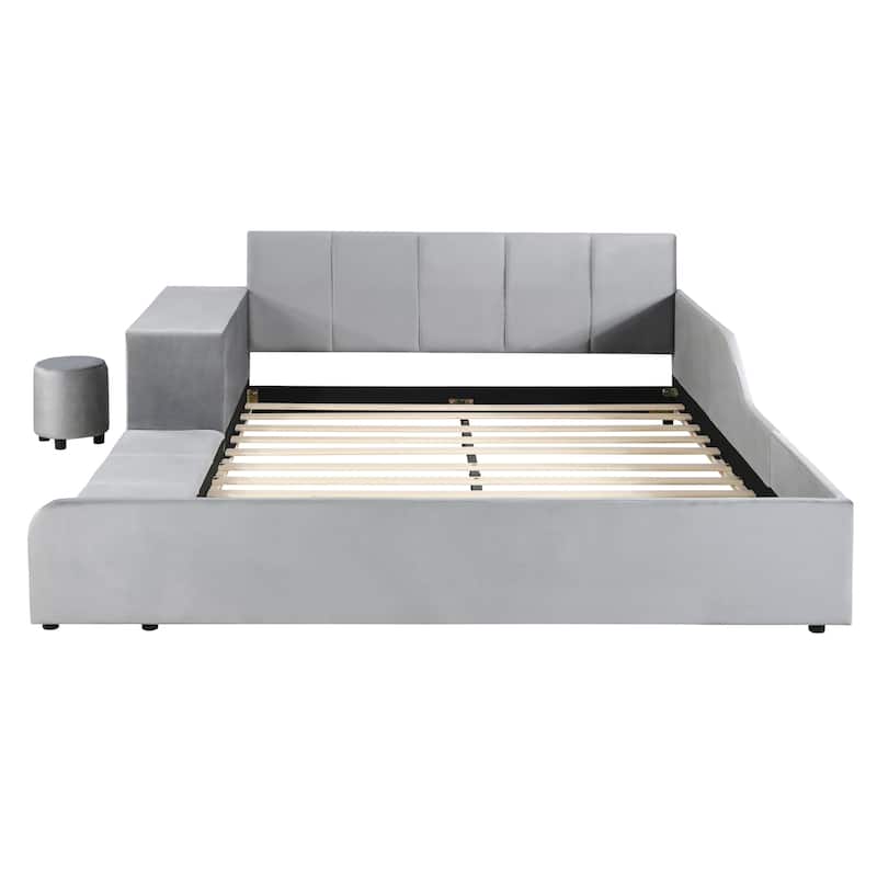 Queen Size Velvet Upholstered Platform Bed w/ Bedside Desk & Stool, Mother & Child Platform Bed Frame w/ Footboard & Guardrail