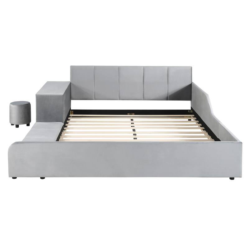Velvet Upholstered Queen Platform Bed with Bedside Desk and Stool, Mother & Child Design in Gray
