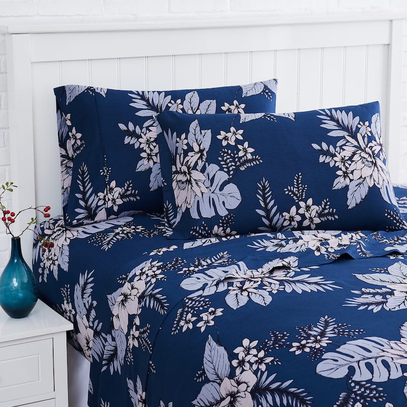 Flora Cotton Sateen Extra Deep Pocket 4-piece Bed Sheet Set - BLUE - California King
