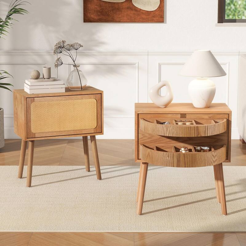 Mid-Century Modern Rattan Nightstand with Rotating Hidden Compartment and Wood Legs
