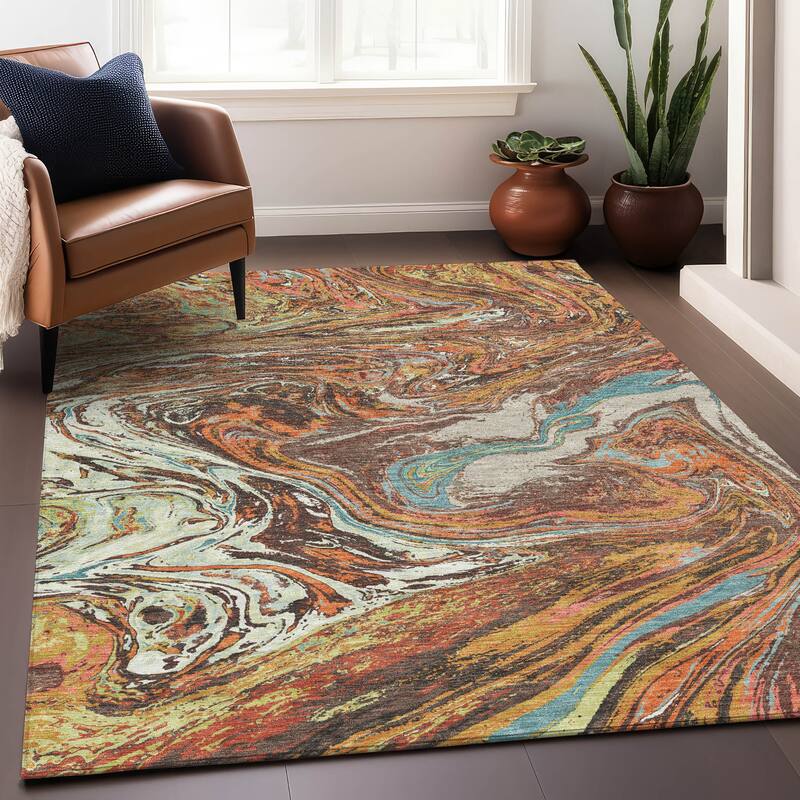 Machine Washable Indoor/ Outdoor Abstract Brushstroke Chantille Rug - Khaki - 10' x 14'