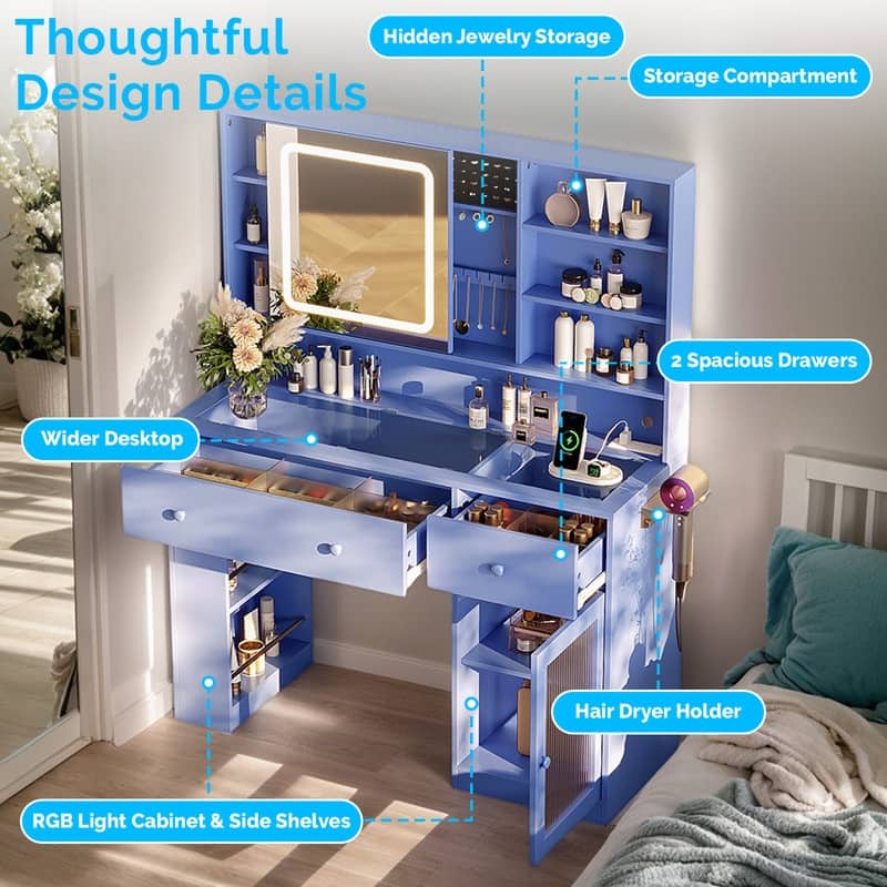 Particle Board Veneered , 2 Drawers, 1 Glass Door, Left and Right 2-tier Shelves, Glass Tabletop, Dressing Table - N/A
