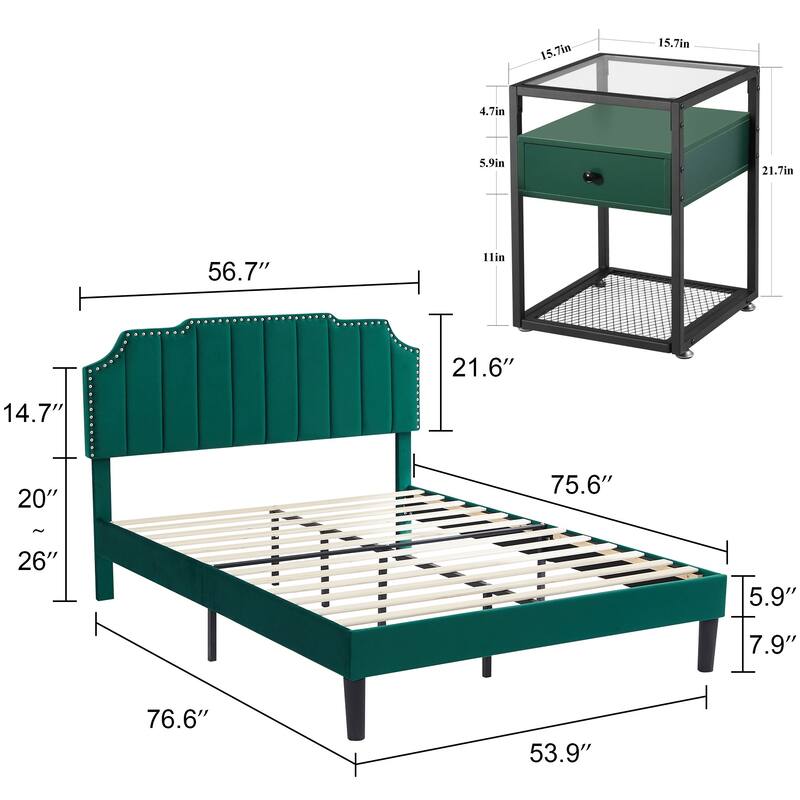 Bedroom Sets, 15 Style Options, 3-pieces Bedroom Set with Height Adjustable Upholstered Bed and Nightstands Set of 2-VECELO
