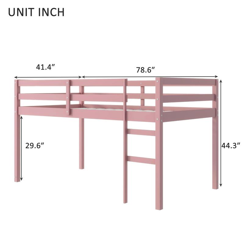 Solid Wood Twin Loft Bed with Ladder, Rubber Wood Frame Low Height Design with Guard Rails and Storage Space