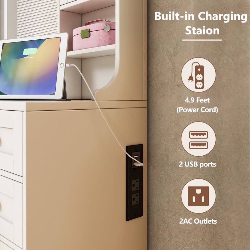 41.4" Makeup Vanity Desk with Mirror and Lights, Makeup Table with 5 Drawers and 4 Cabinets, Dressing Table