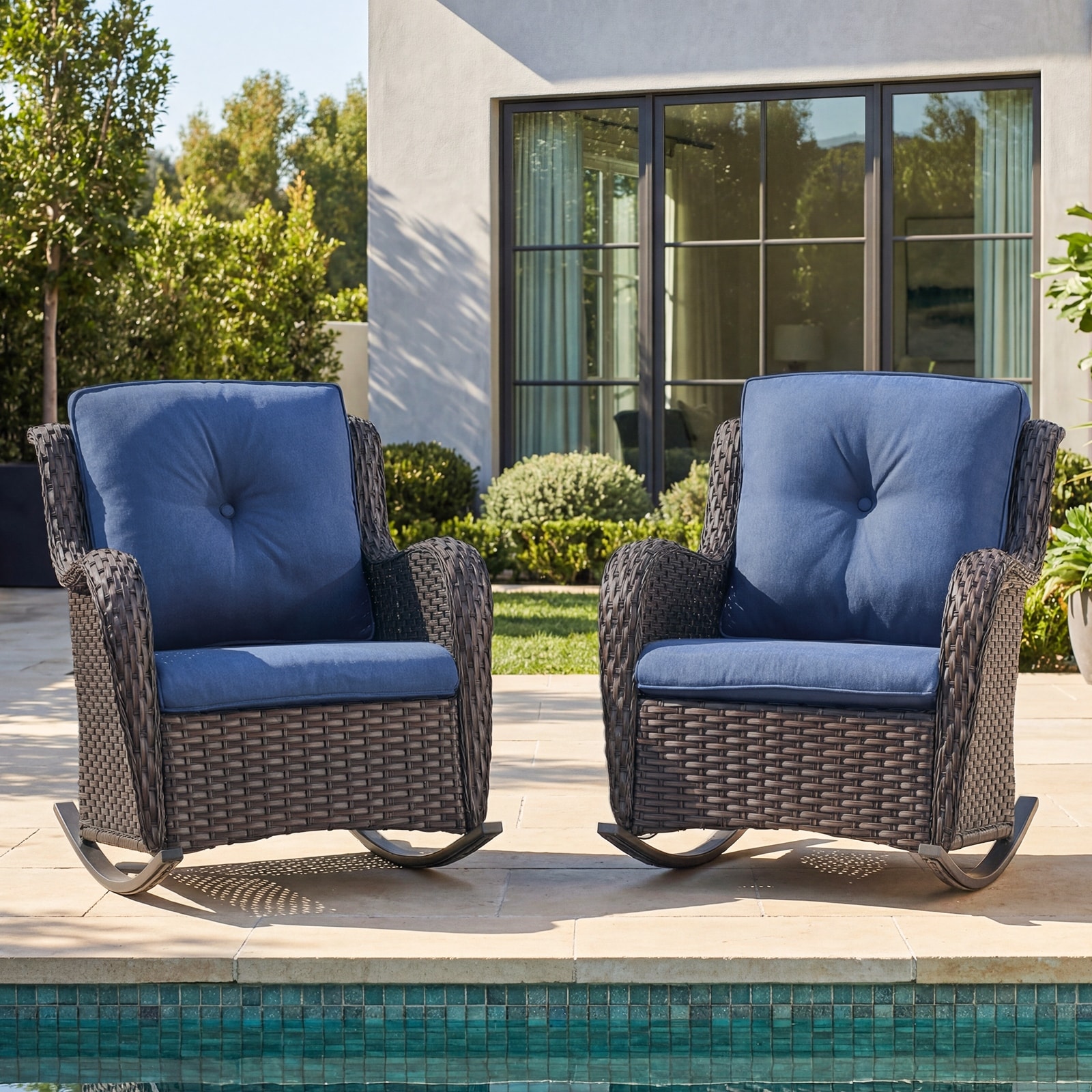 Meyreso 2-Piece Outdoor Wicker Rocking Chairs with 5-Inch Thick Cushions