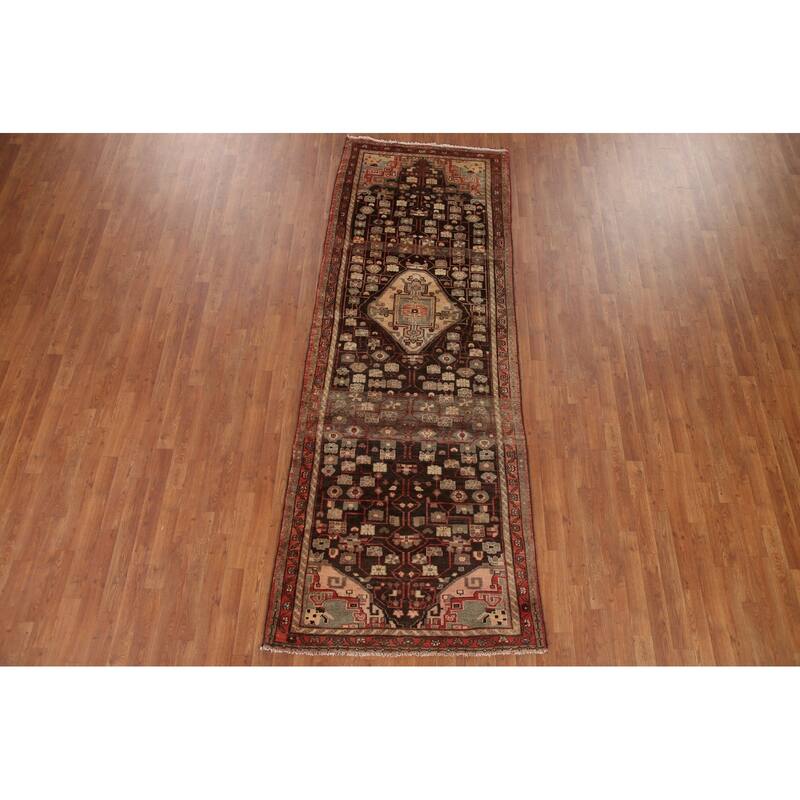 Hand Knotted Oriental 100% Wool Carpet Traditional Geometric Brown Malayer Runner Rug - 10' 0'' X 3' 9''