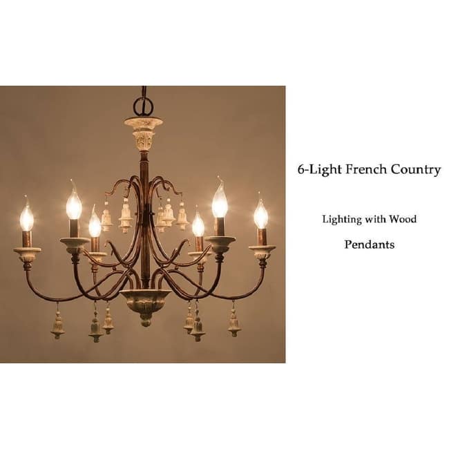 Farmhouse 6-Light Wood Chandelier French Country Candle Ceiling Light for Dining Room - D 26.5" x H 22.5"