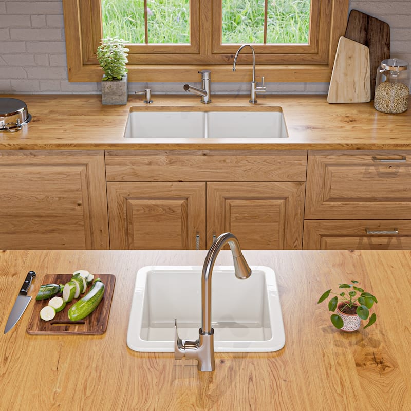 ALFI brand ABF3219DUD-W White 32" x 19" Double Bowl Fireclay Undermount / Drop In Fireclay Kitchen Sink