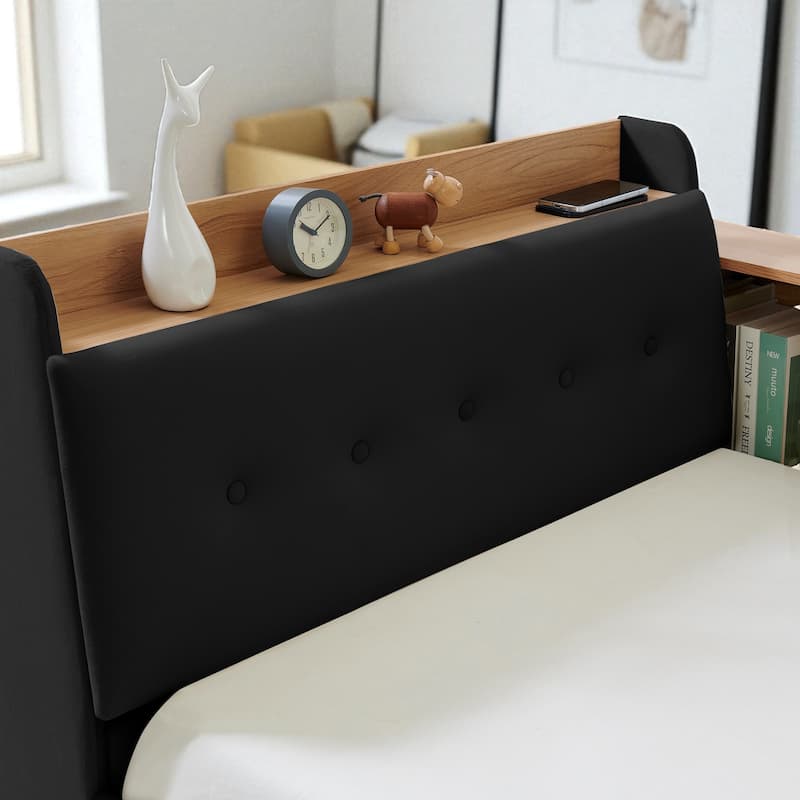 Twin Size Velvet Upholstered Daybed with Storage Headboard, Pop-up Trundle, LED Lights & Wireless Charging
