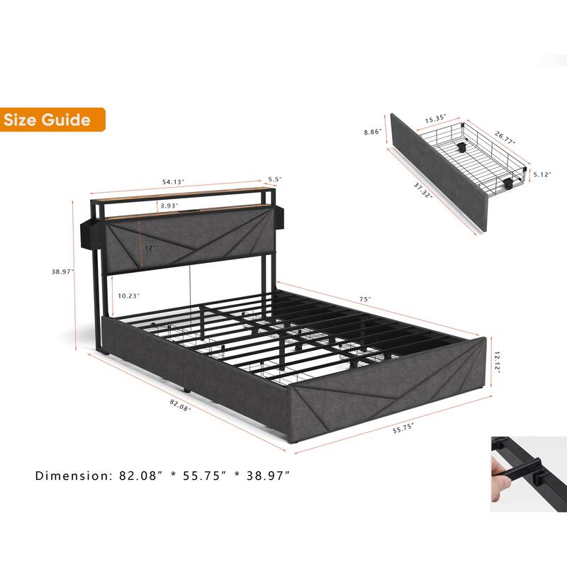 Full Size Bed Frame with Storage Headboard, Charging Station, LED Lights, 4 Drawers, No Box Spring Needed, Sturdy