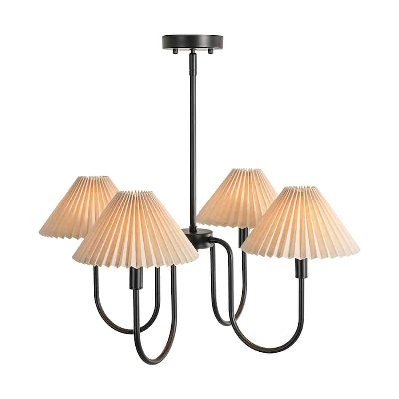 4-Light Mid-Century Modern Chandelier in Brushed Gold/Matte Black Chandelier with Pleated Shades for Living Room