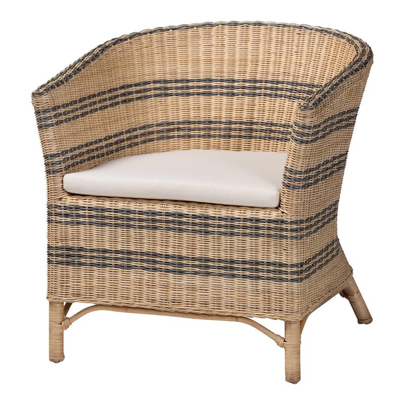 Elda Natural Rattan Accent Chair - Wicker Barrel-Back Chair with Two-Tone Woven Stripes and Cushion, Coastal Boho Style Seating - Natural Brown/Blue