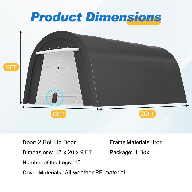 13' x 20'Portable Domed Carport with 2 Roll-up Doors