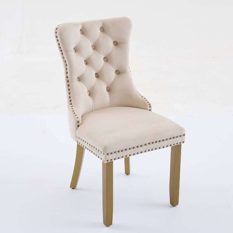 Velvet Dining Chairs Set of 2, Tufted Dining Chairs with Nailhead Trim, Kitchen Chairs with Lion Head Pulls Ring & Wooden Legs