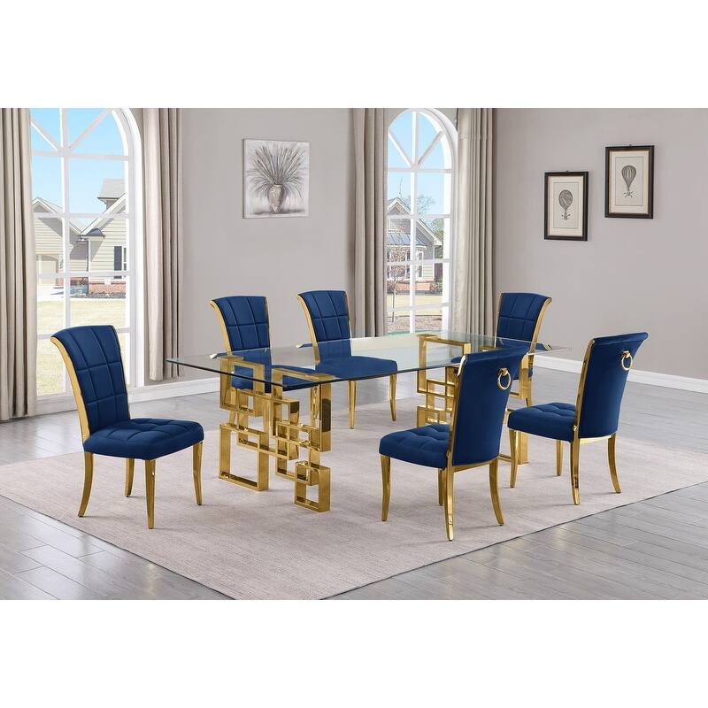 Best Quality Furniture D223/4-SC320-7 Dining Set with 95" 15mm Glass - 7-Piece - Navy Blue / Gold