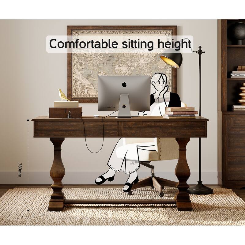 Vintage Rustic Executive Desk with Charging Station Home Office Table