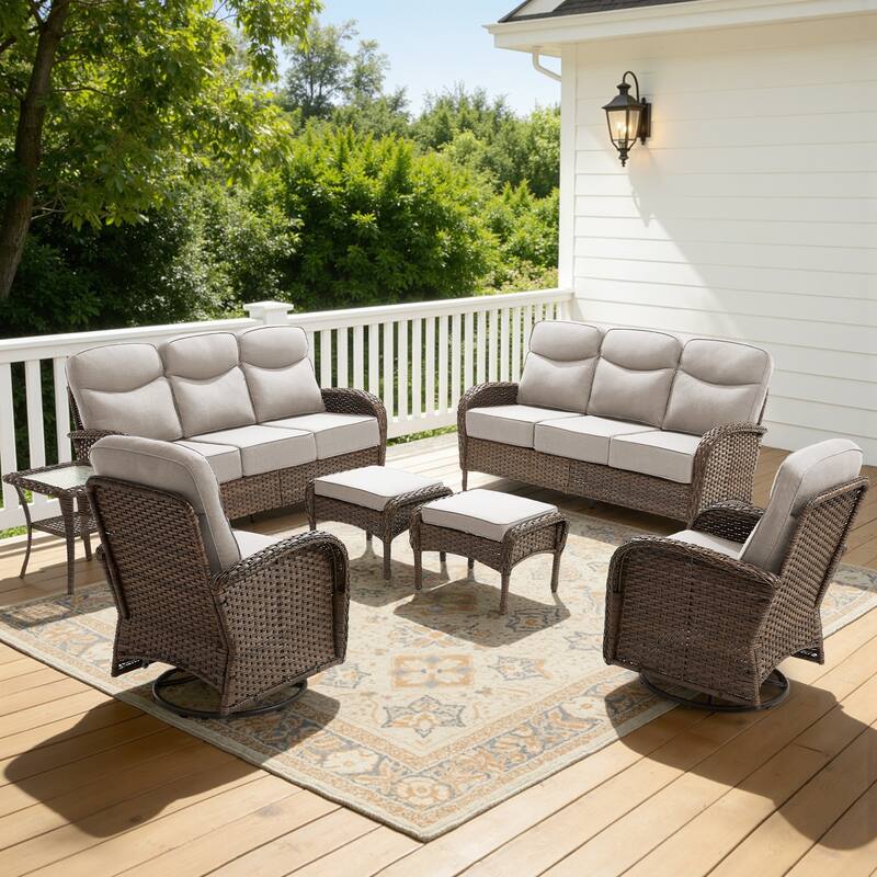 Luna 7-Piece Wicker Patio Conversation Set with Swivel Gliders and 6-Inch Thick Olefin Cushions