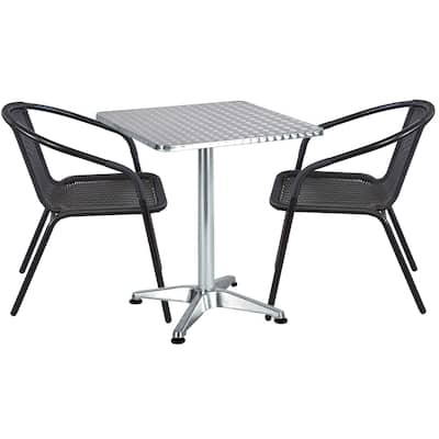 BTEXPERT Indoor Outdoor 23.75" Square Restaurant Table Steel Aluminum + 2 Black Restaurant Rattan Stack Chairs