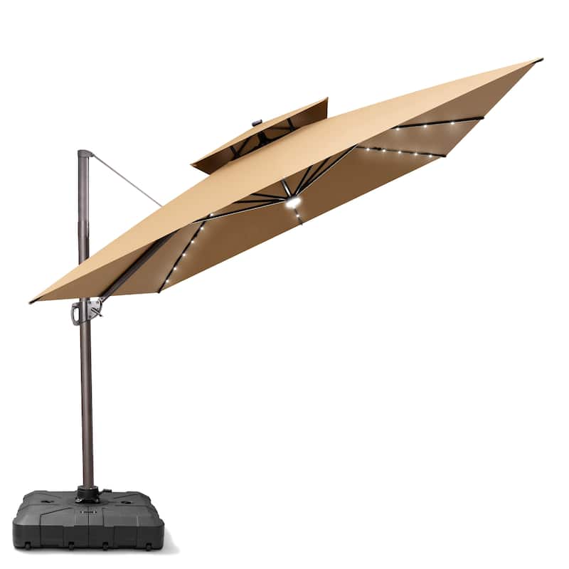 11X11 FT Outdoor Patio Cantilever Umbrella Solar LED Lighted with Wheel Base - Tan