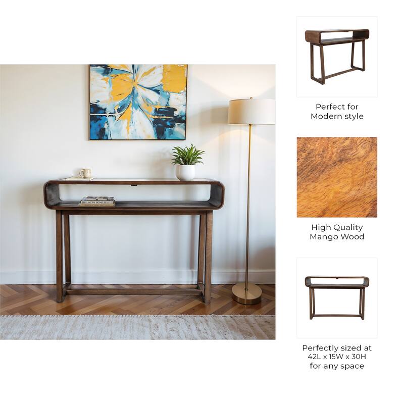 Wood and Travertine Console Table with Open Shelf and Curved Design