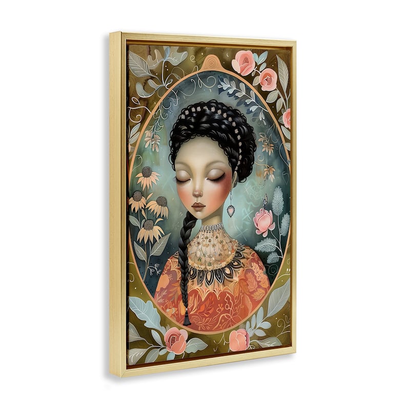 Stupell Floral Edged Portrait of Woman Framed Floater Canvas Wall Art Design By The Dutch Lady