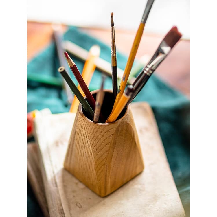 RusticReach Ash Wood Desktop Pen Holder