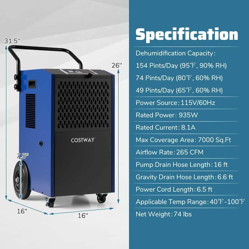 Costway 154 Pints Commercial Dehumidifier with Pump Drain Hoses for - See Details