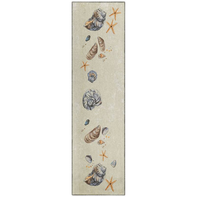 Indoor/ Outdoor Surfside Border Shells Washable Rug New - Oyster - 2'3" x 7'6"
