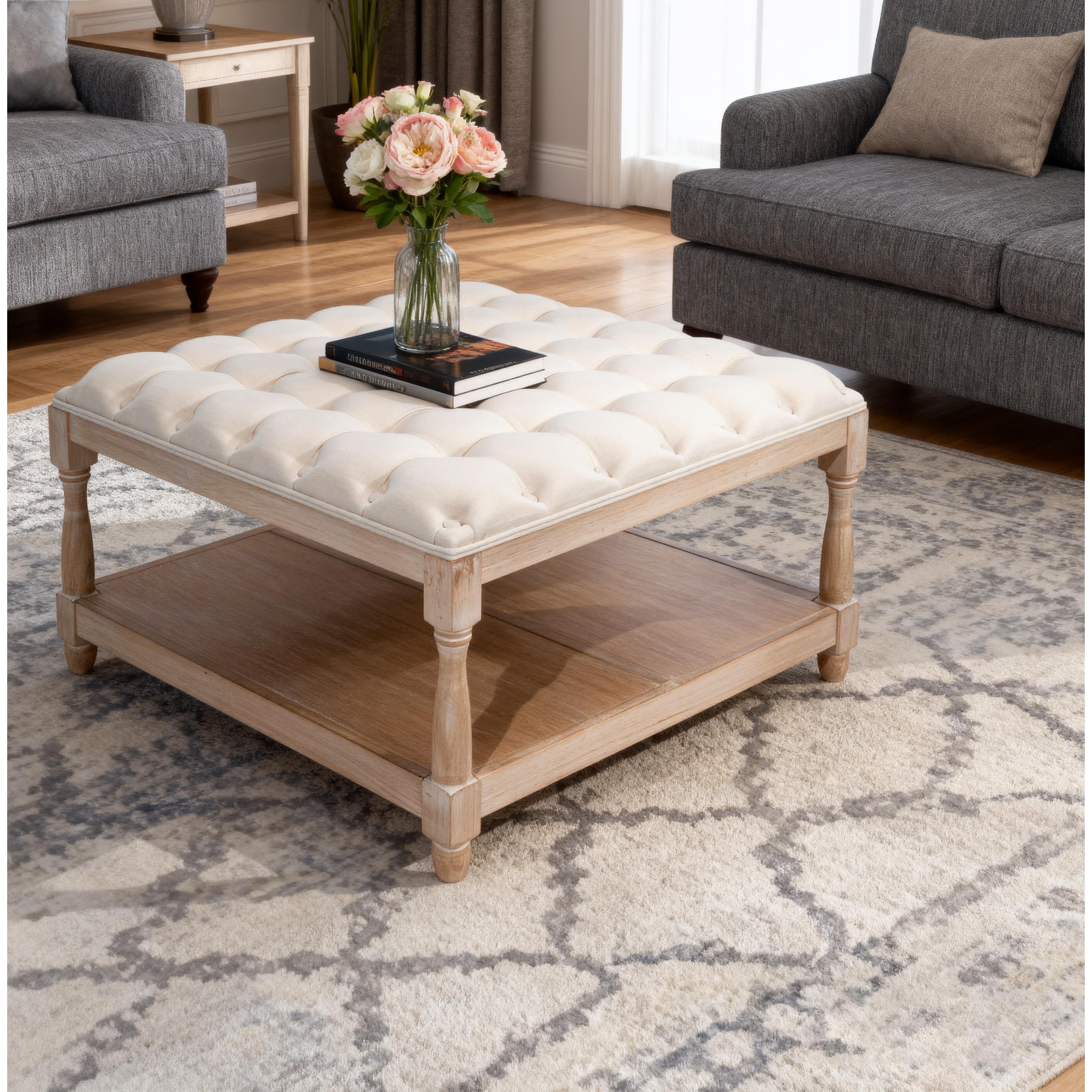 33-inch Large Square Ottoman Coffee Tables for Living Room, Tufted Upholstered Linen Ottoman with Storage Shelf and Solid Legs