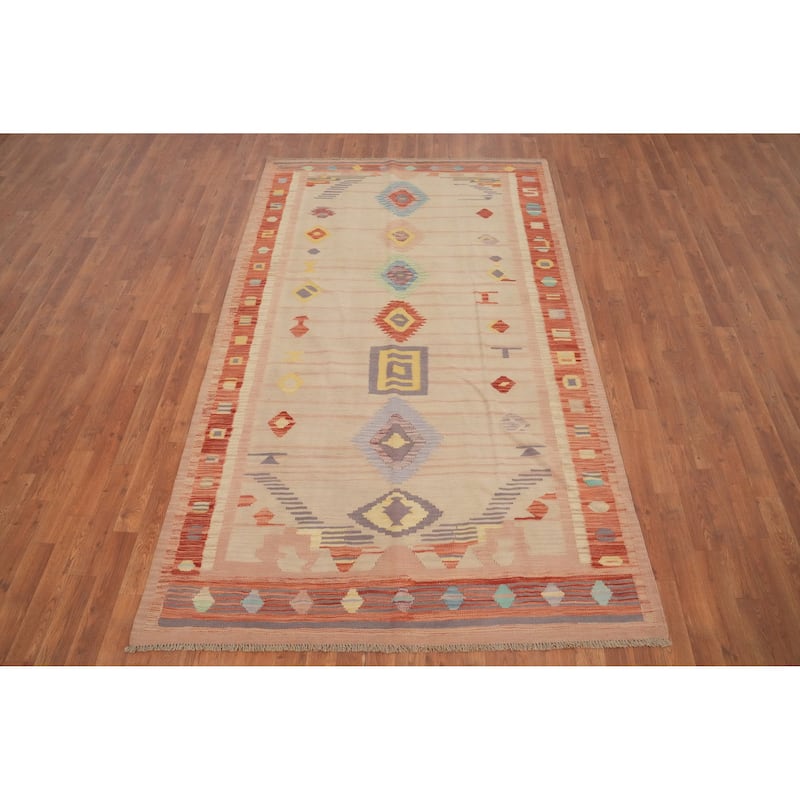 Hand Woven Oriental 100% Wool Carpet Southwestern Tribal Beige & Ivories Kilim Area Rug - 8' 3'' X 4' 11''