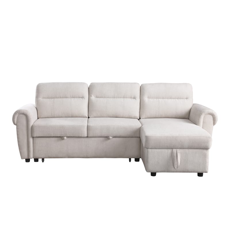 97"W Beige Chenille Reversible Sofa Chaise w/ USB & Storage