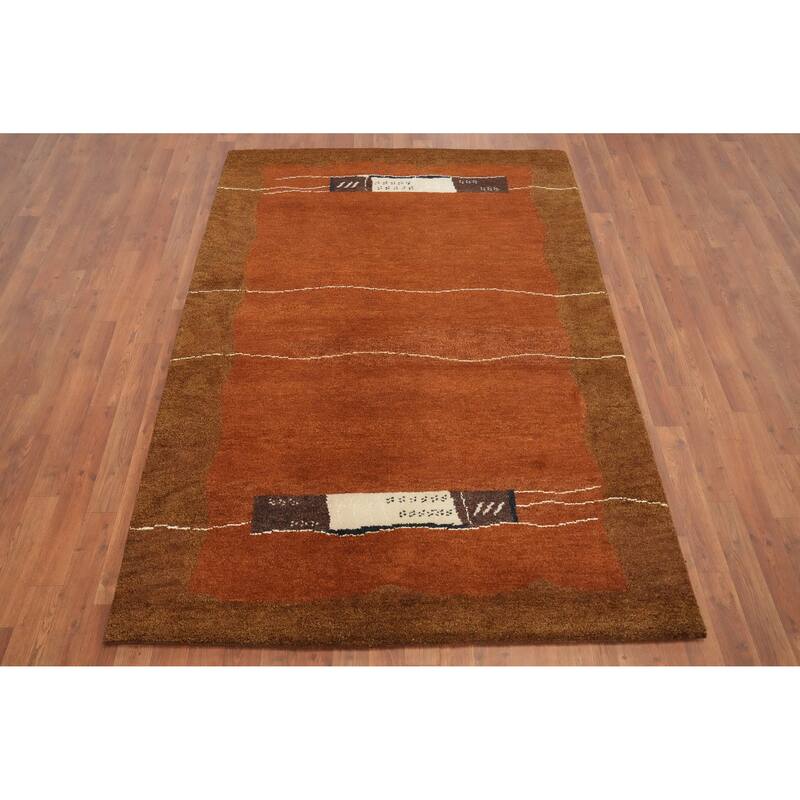 Hand Knotted Oriental 100% Wool Carpet Modern Bordered Oranges & Rust Gabbeh Area Rug - 6' 7'' X 4' 8''