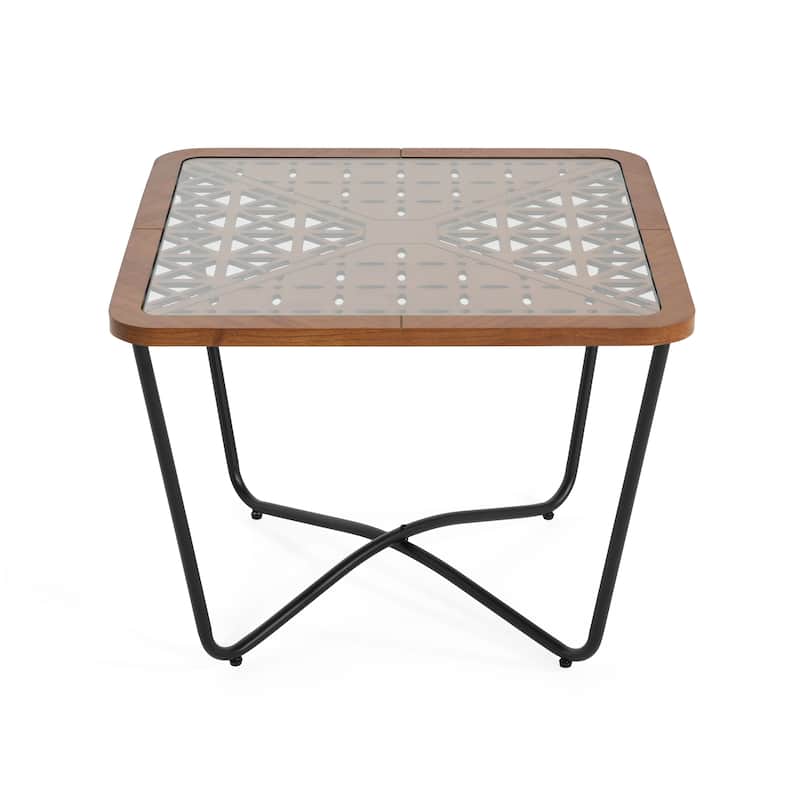 Modern Side Table Square Coffee Table with Round Corner, X-Cross Base and Geometric Cut-out Pattern Tempered Glass Tabletop