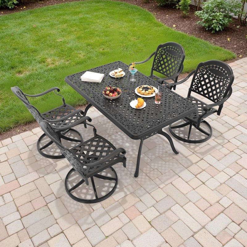 5-Piece Aluminum Rectangular Outdoor Patio Dining Set, 4 Cushioned Swivel Chairs, Table, All-Weather Frames