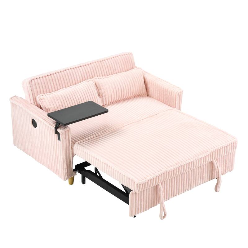 Pink Corduroy Pull-out and Push-in Sofa with Movable Tabletop and USB Ports