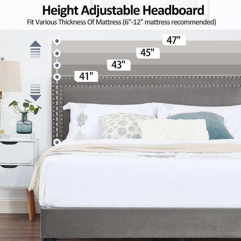 VECELO 3-Pieces Upholstered Platform Bed Frame with Adjustable Headboard and Nightstands Set of 2, Grey