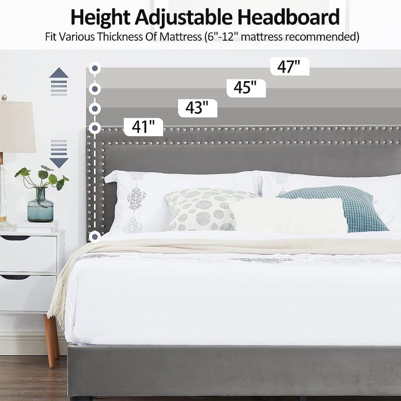 VECELO Upholstered Bed Frames with Height Adjustable Headboard