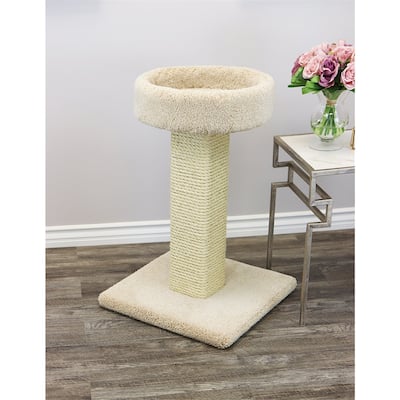 Solid Wood Large Cat Scratching Post with Thick Sisal Rope and Spacious 17" Carpeted Perch for Lounging Indoor Cats