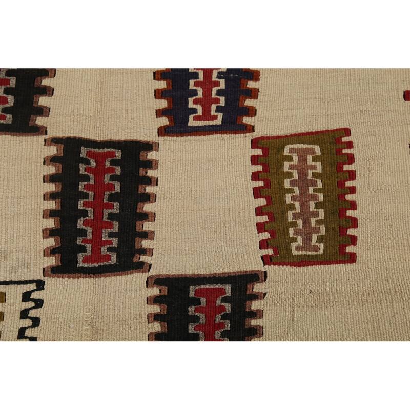 Beige Kilim Qashqai Persian Vintage Rug Hand-Woven Wool Carpet - 3'6"x 6'11"