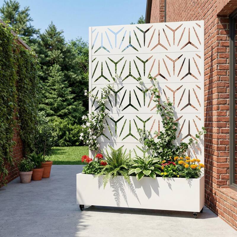 Metal Galvanized Planter Box with Trellis Privacy Screen Lockable Wheels